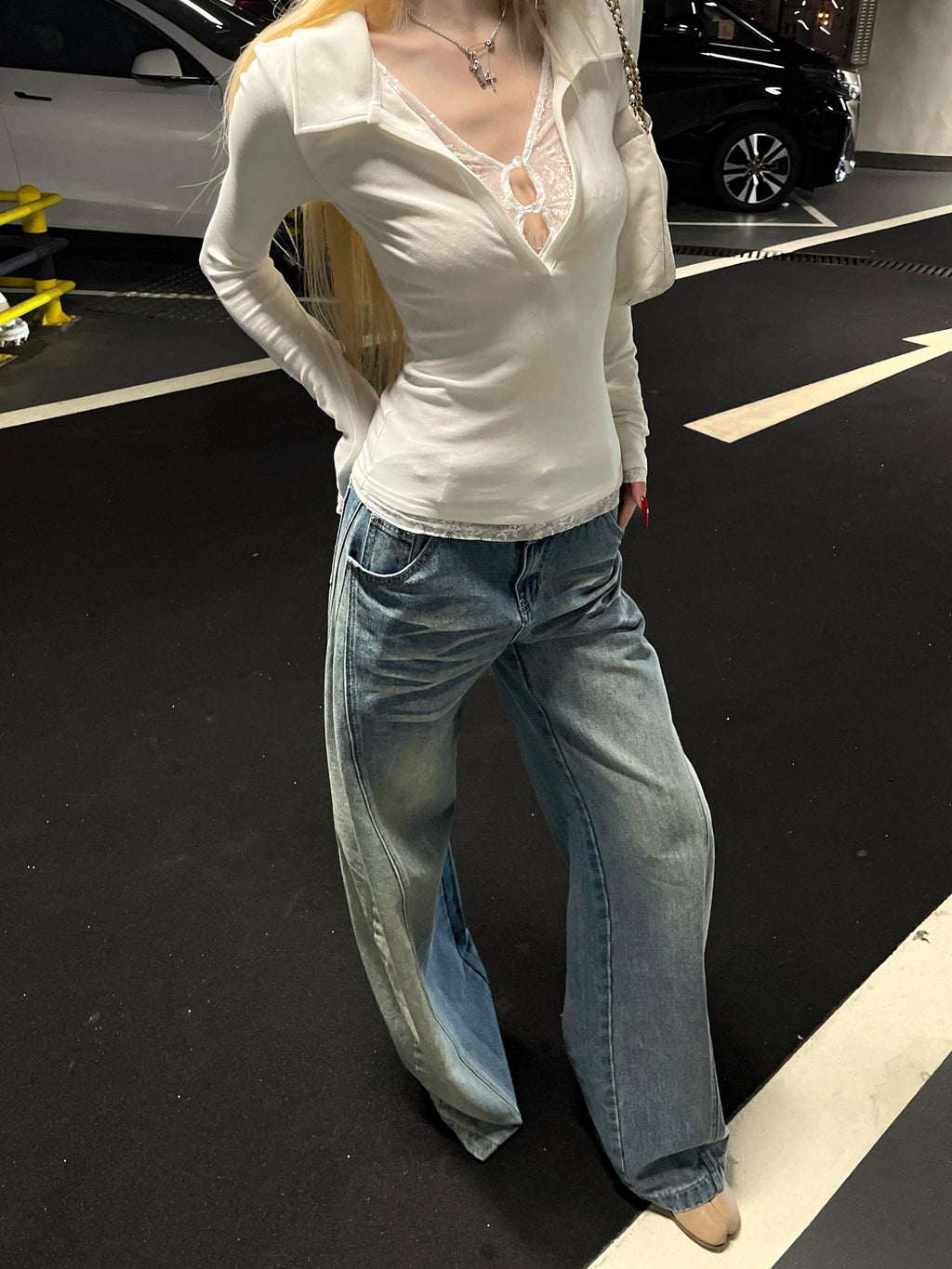 Rase le sol Light Blue Whisker Fade Saber Cut Women's Denim Wide-leg Jeans