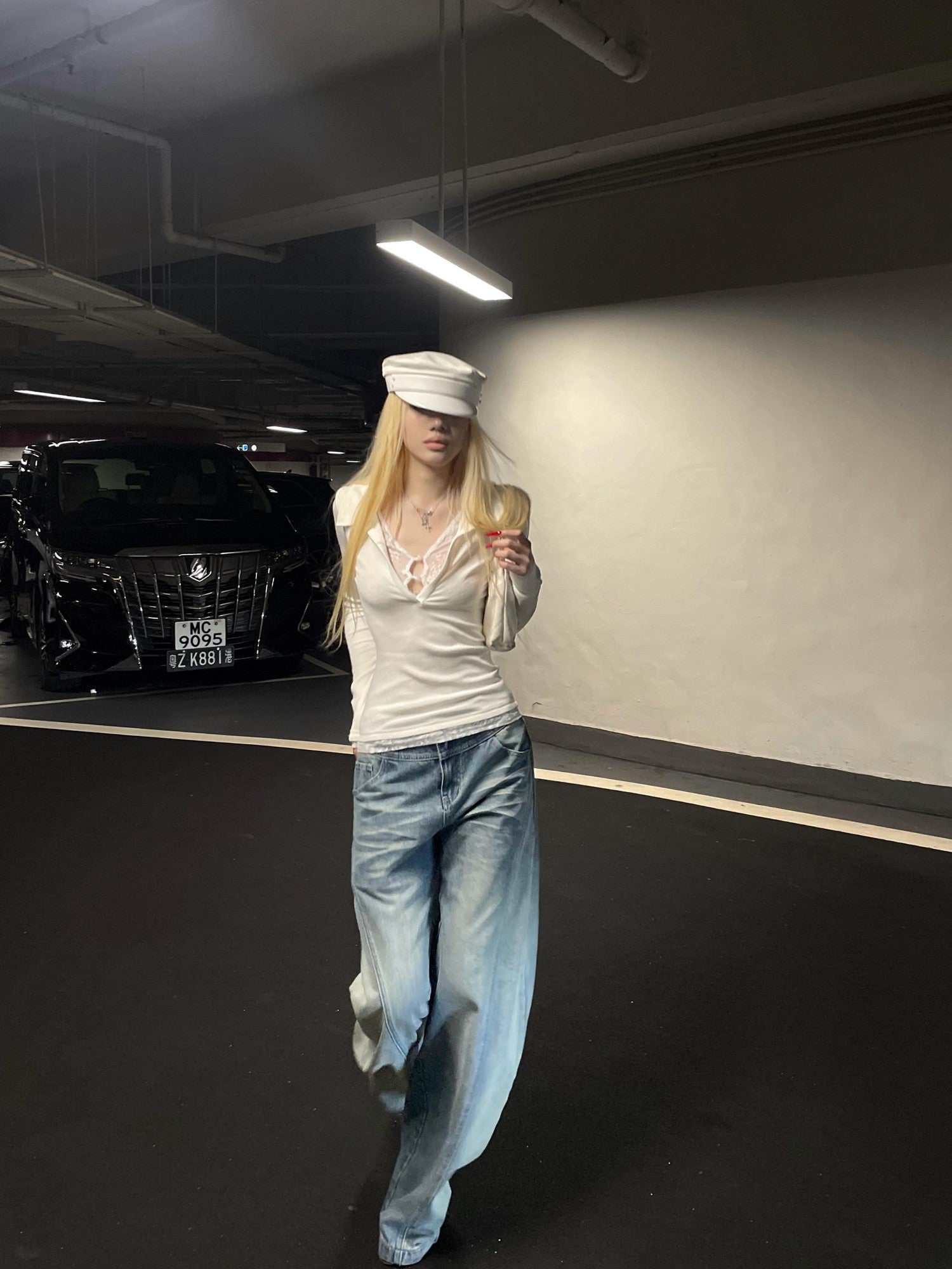 Rase le sol Light Blue Whisker Fade Saber Cut Women's Denim Wide-leg Jeans