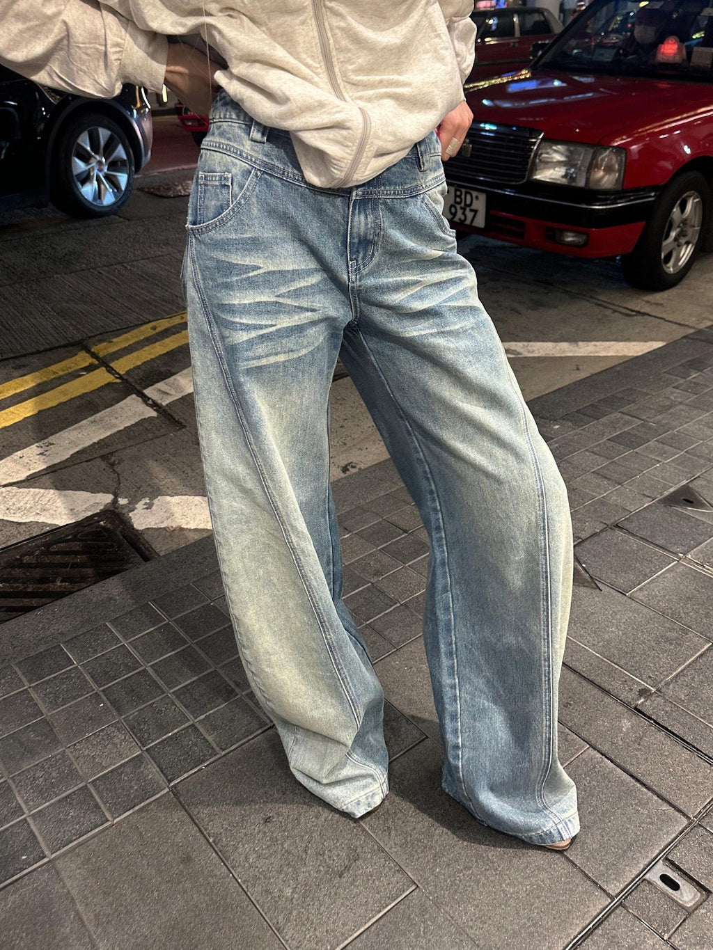 Rase le sol Light Blue Whisker Fade Saber Cut Women's Denim Wide-leg Jeans