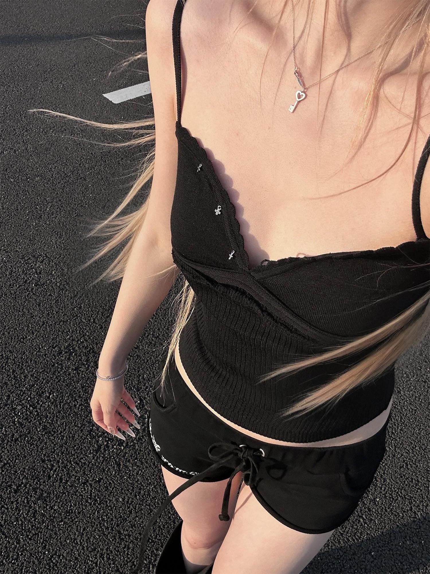 Rase le sol Midnight Starlight Cross Pendant Strappy Women's Knitted Camisoles