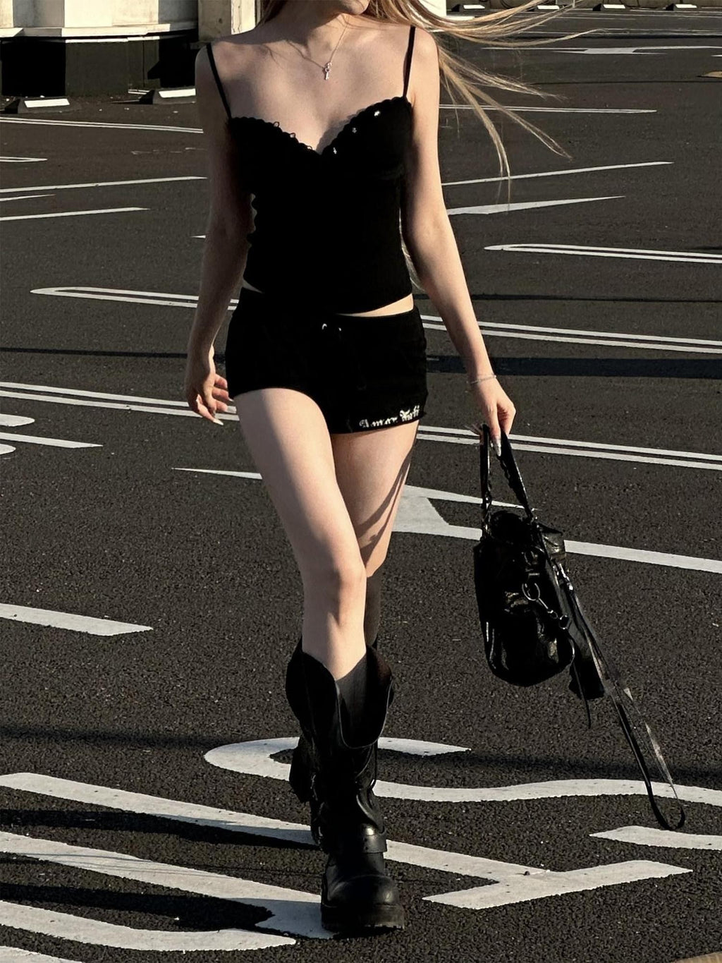 Rase le sol Midnight Starlight Cross Pendant Strappy Women's Knitted Camisoles
