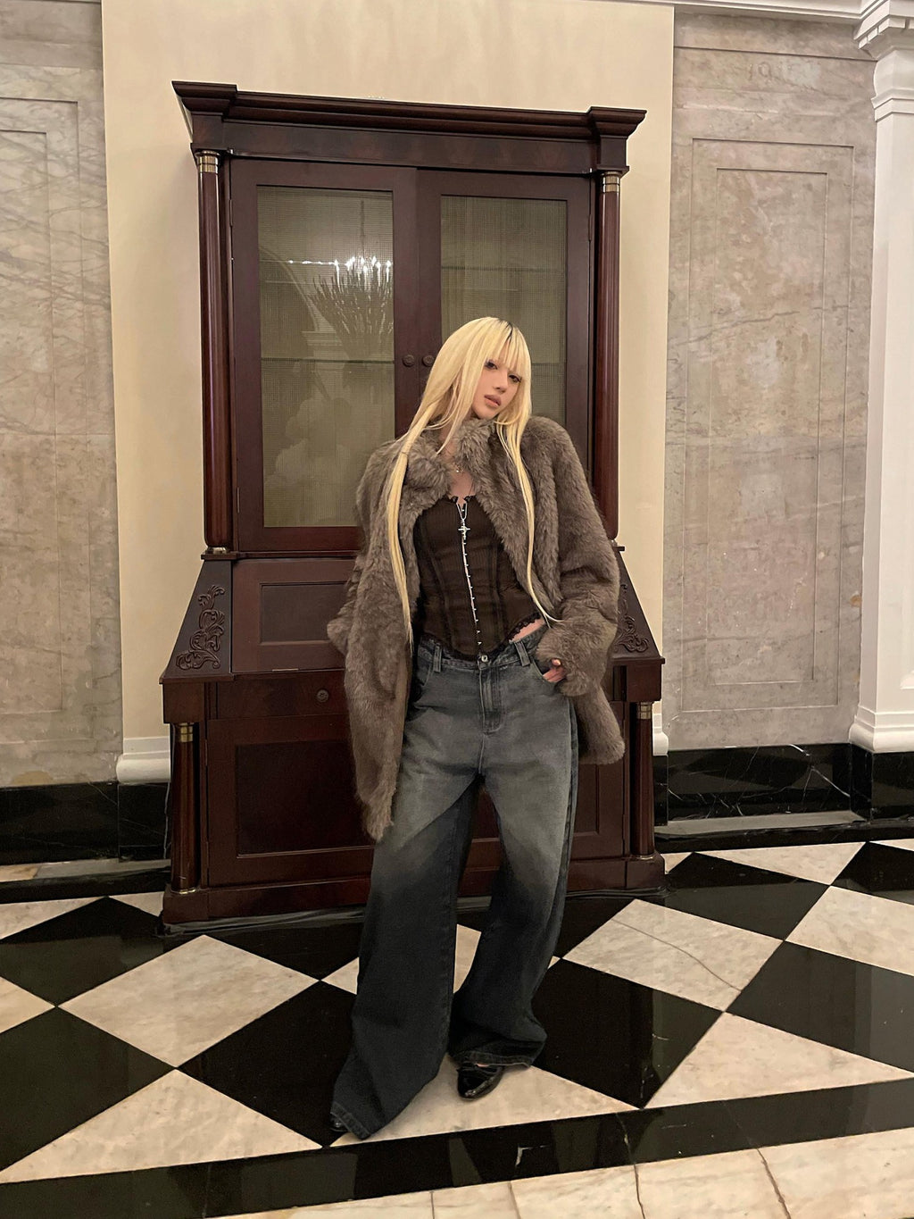 Rase le sol Mocha Oversized Mid Length Faux Shearling Women's Faux Fur Coats