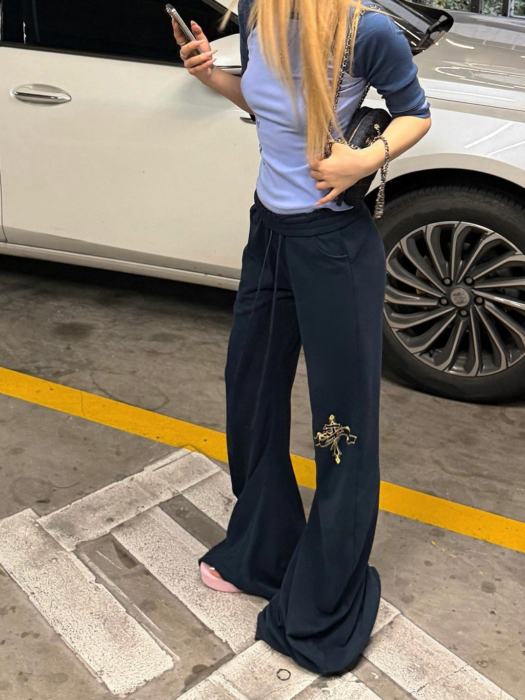 Rase le sol Navy Cross Scepter Curved Blade Print Low Rise American Women's Sweatpants