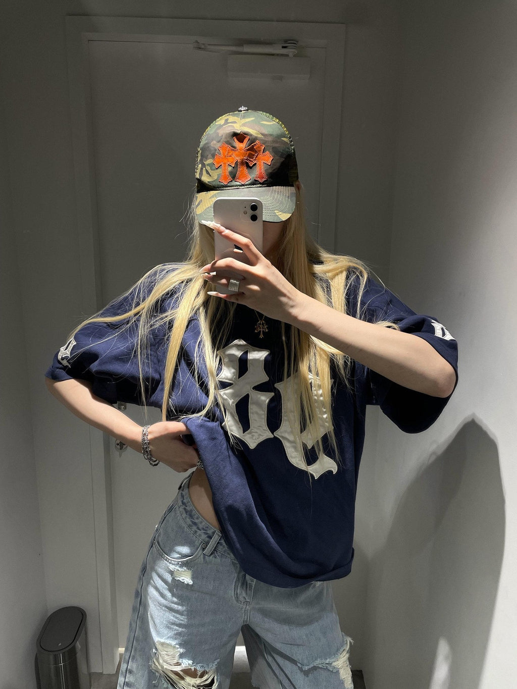 Rase le sol Navy Patchwork Applique Embroidery Women's Oversized T-shirts