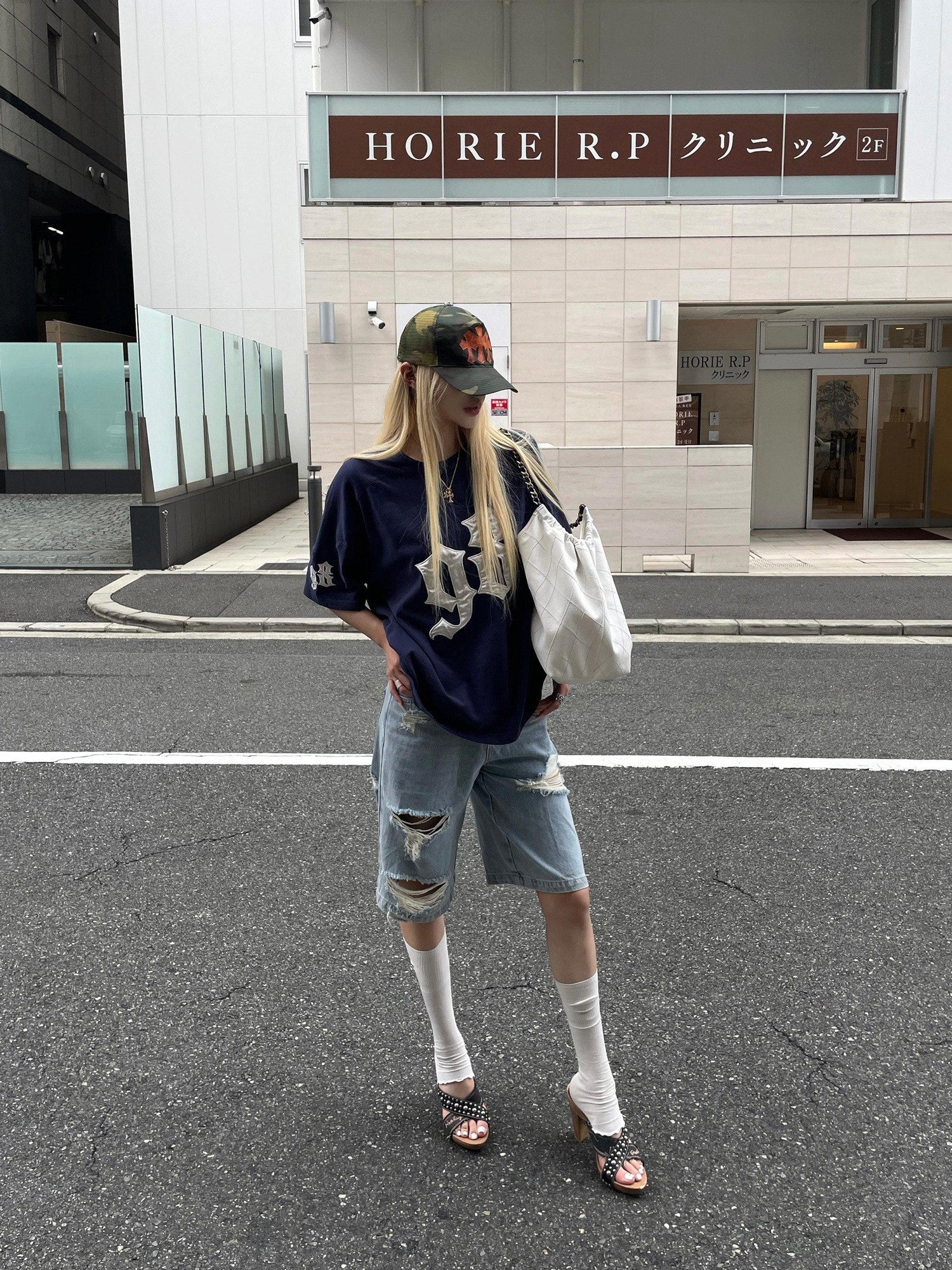 Rase le sol Navy Patchwork Applique Embroidery Women's Oversized T-shirts