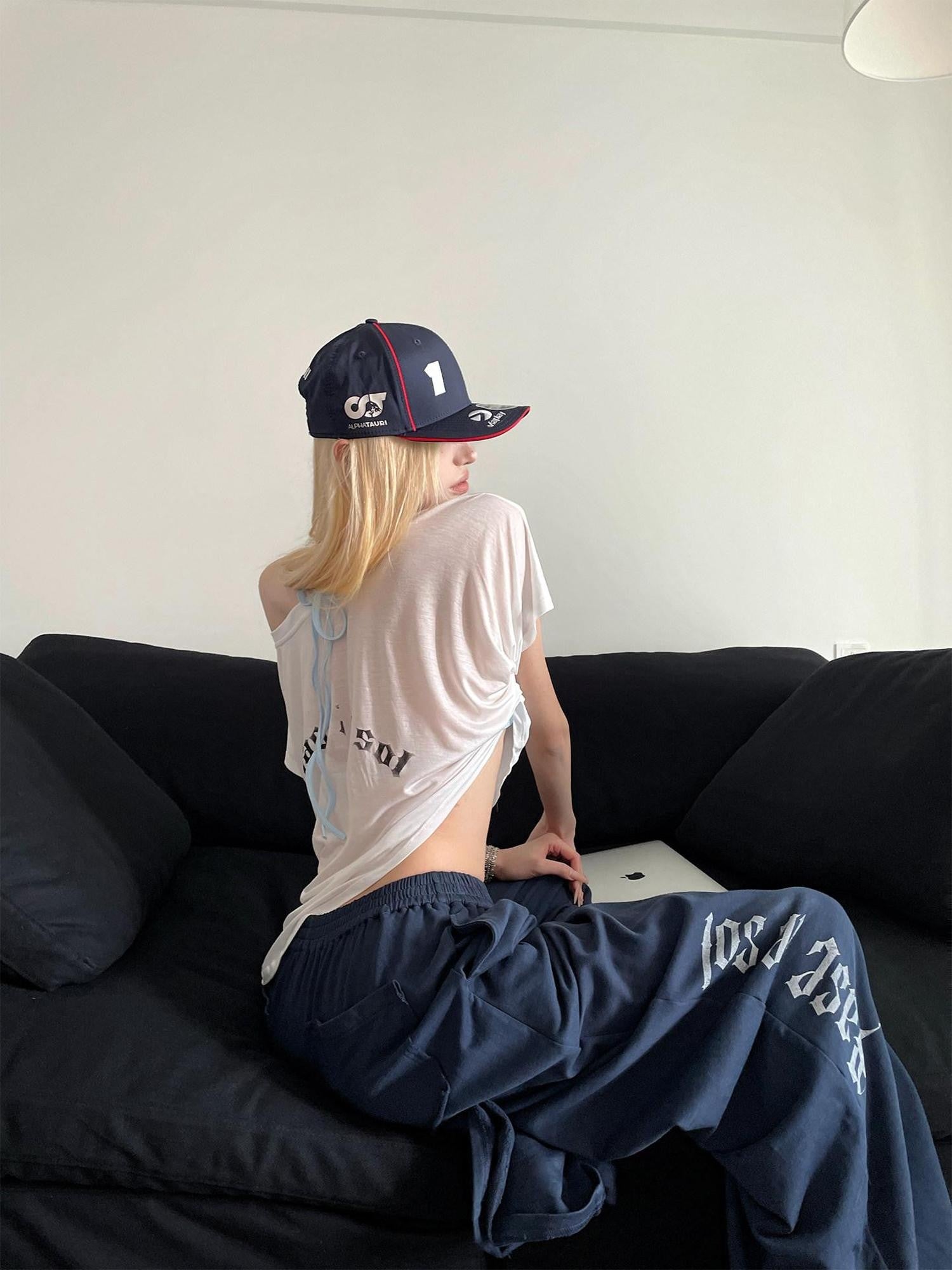 Rase le sol Navy Printed American Loose Straight Women's Wide-leg Pants