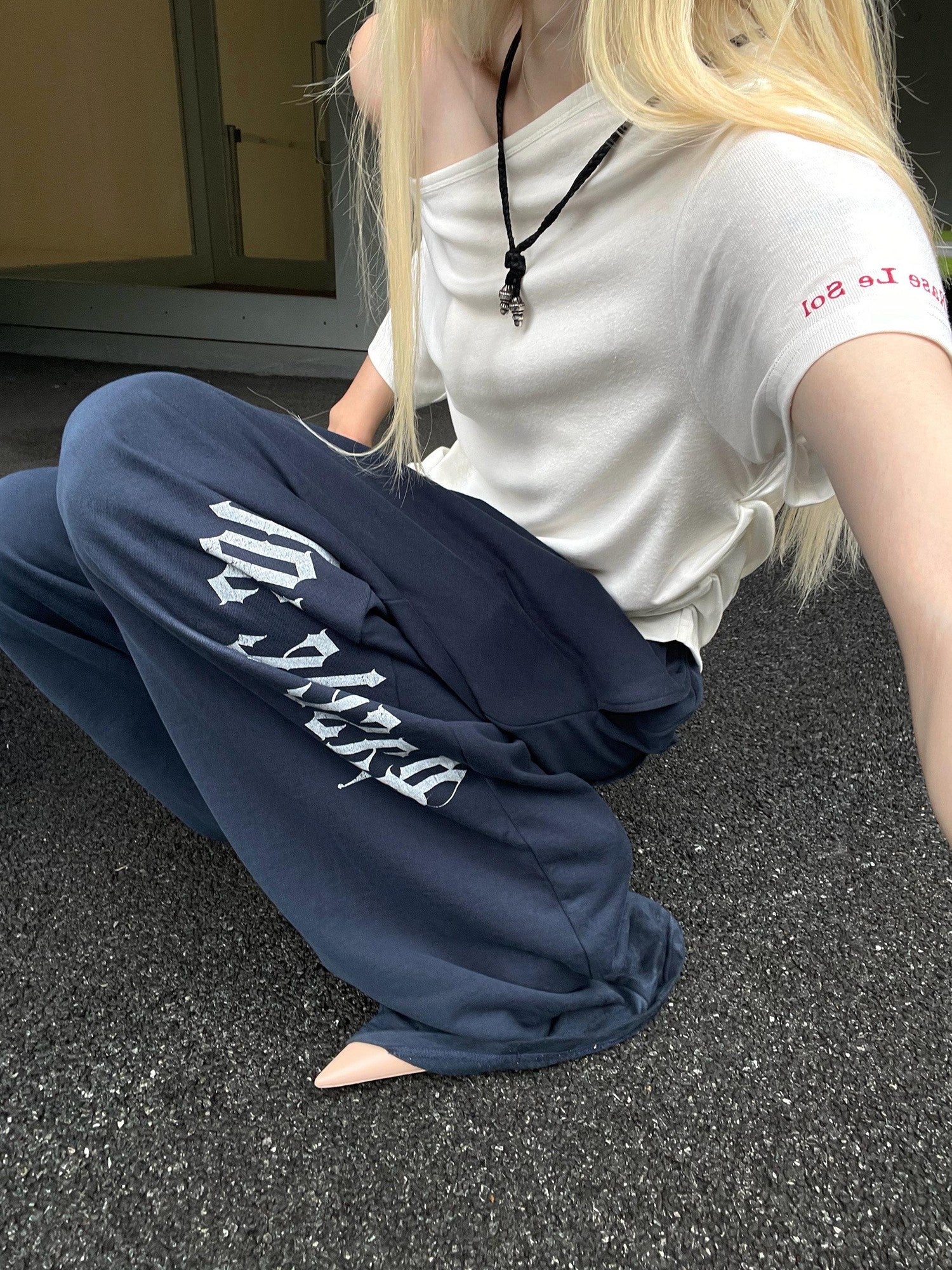 Rase le sol Navy Printed American Loose Straight Women's Wide-leg Pants