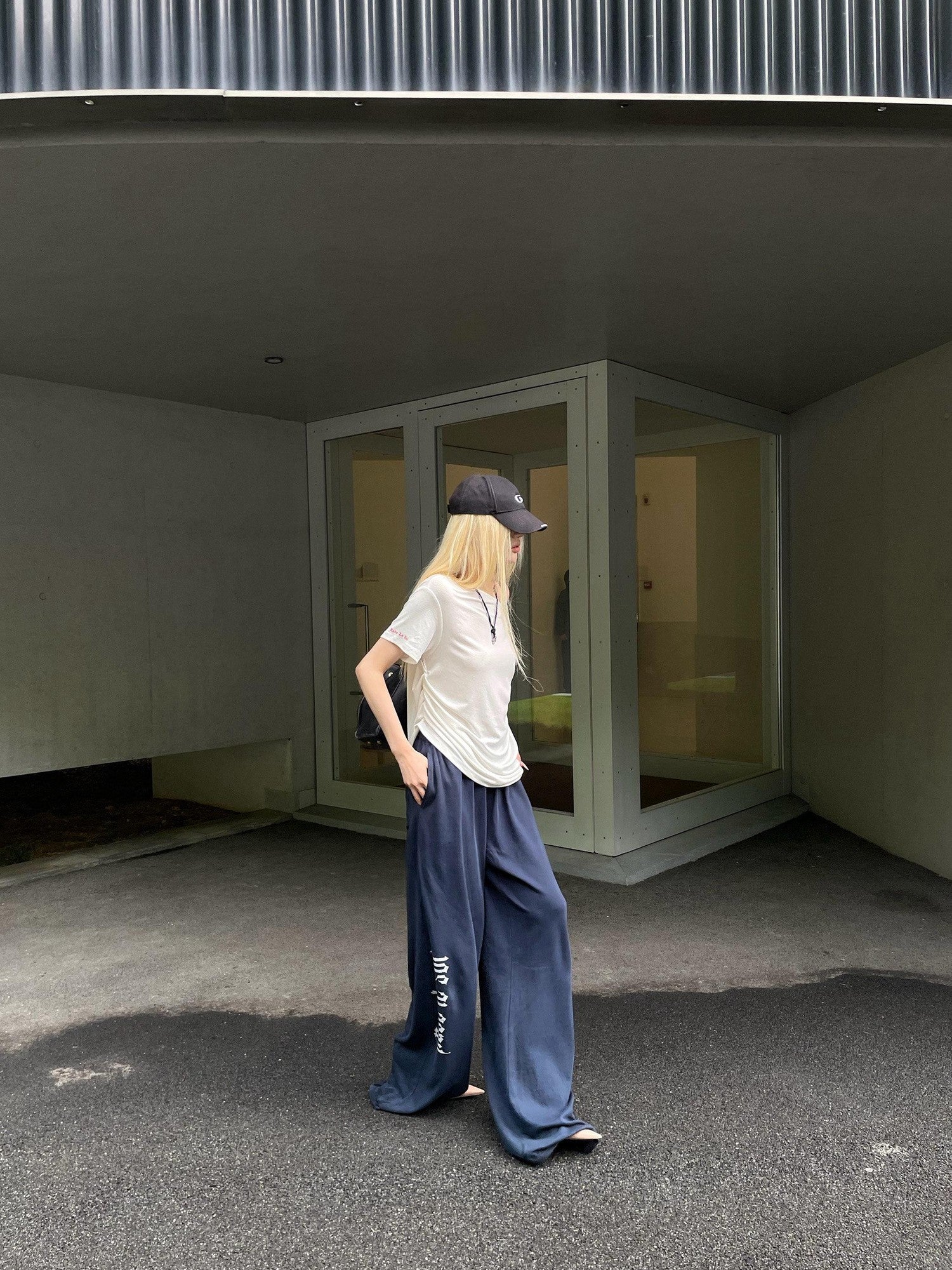 Rase le sol Navy Printed American Loose Straight Women's Wide-leg Pants
