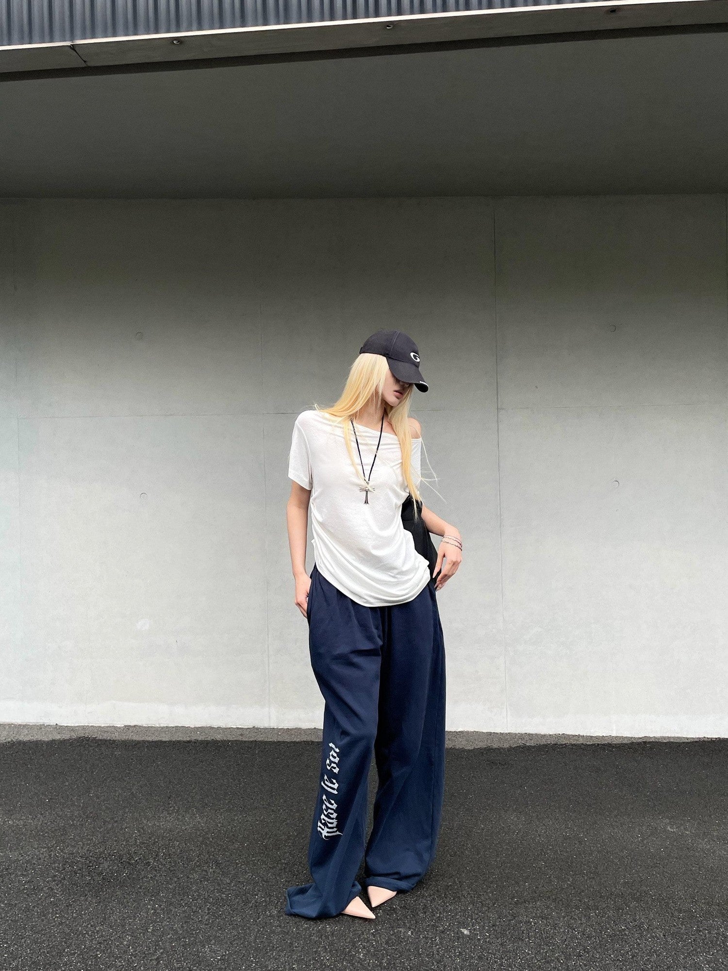 Rase le sol Navy Printed American Loose Straight Women's Wide-leg Pants