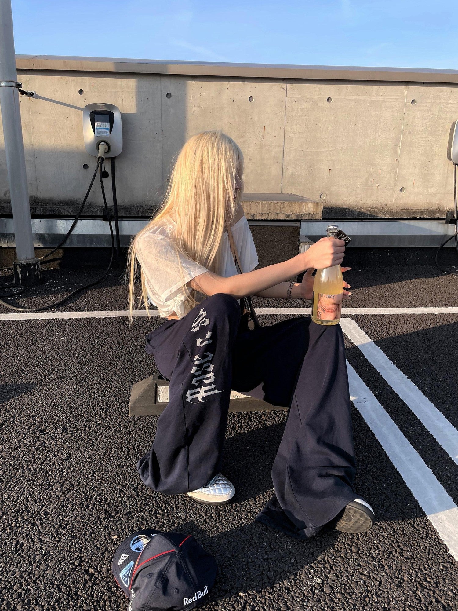 Rase le sol Navy Printed American Loose Straight Women's Wide-leg Pants