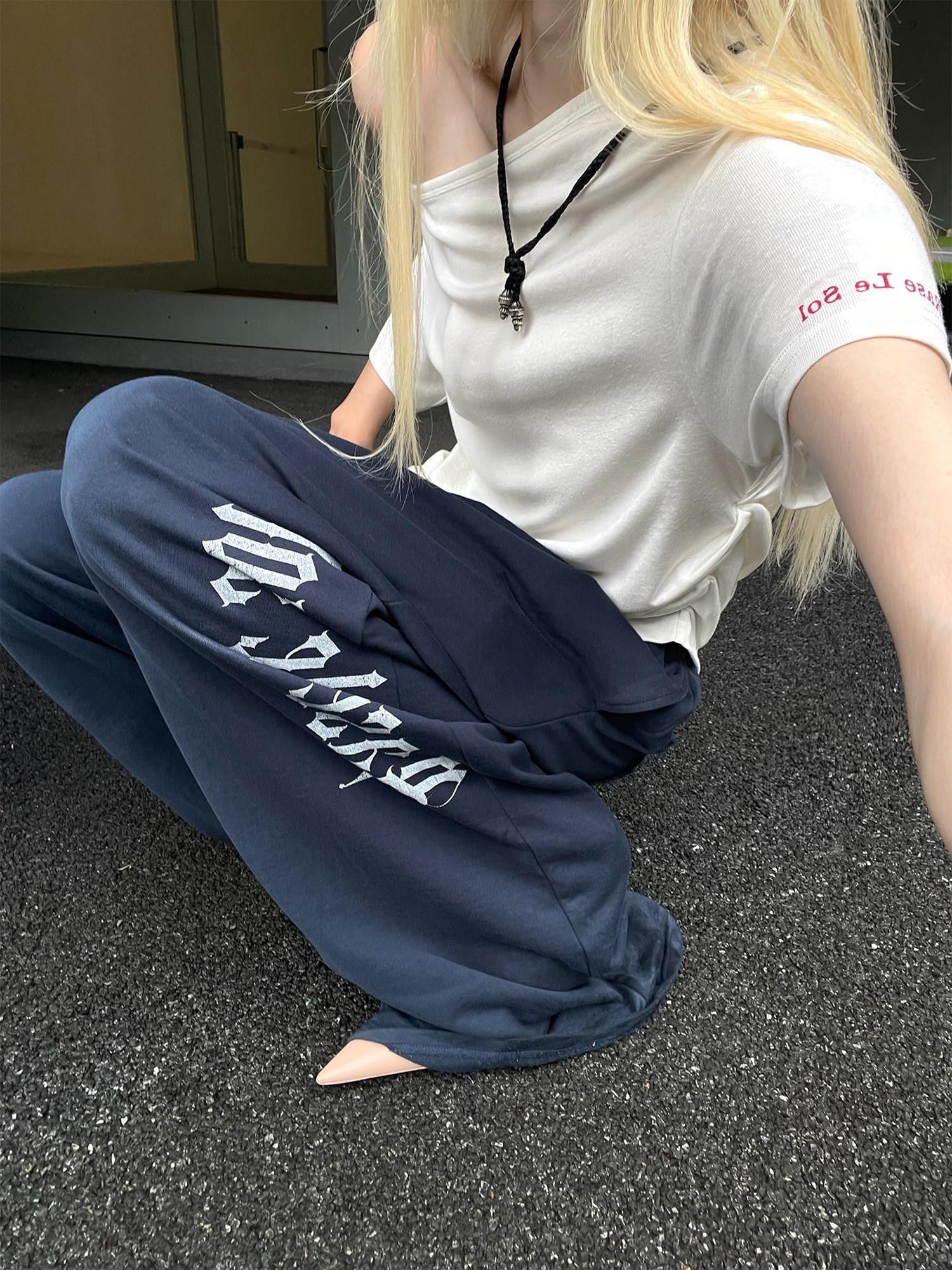 Rase le sol Navy Printed American Loose Straight Women's Wide-leg Pants
