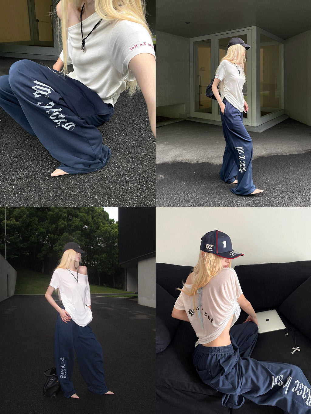 Rase le sol Navy Printed American Loose Straight Women's Wide-leg Pants