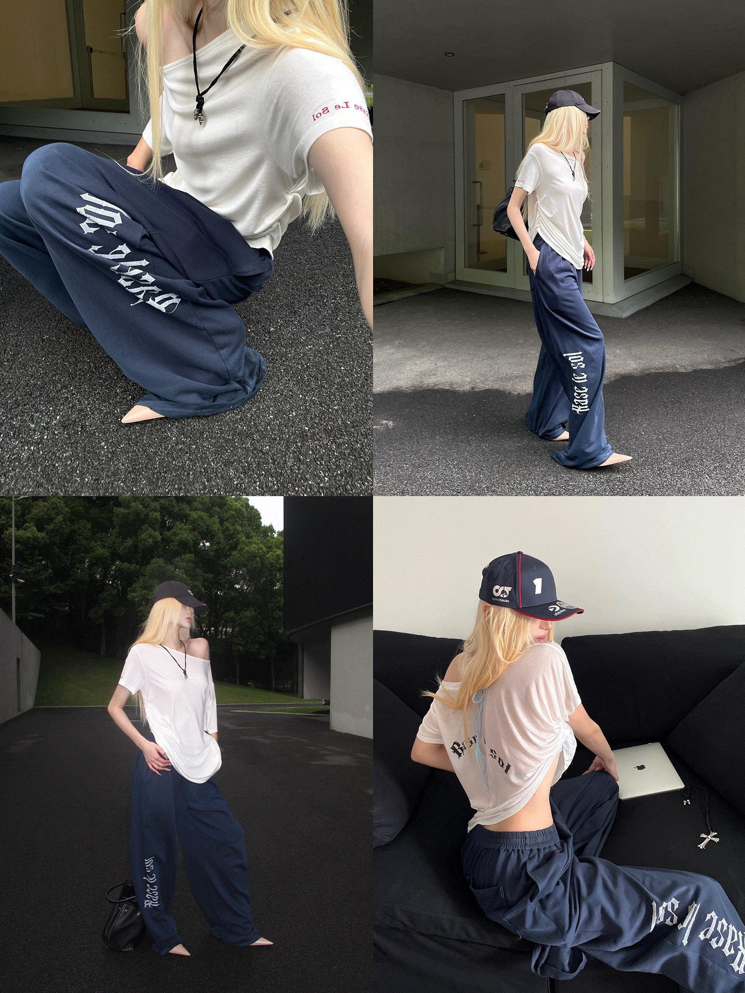 Rase le sol Navy Printed American Loose Straight Women's Wide-leg Pants
