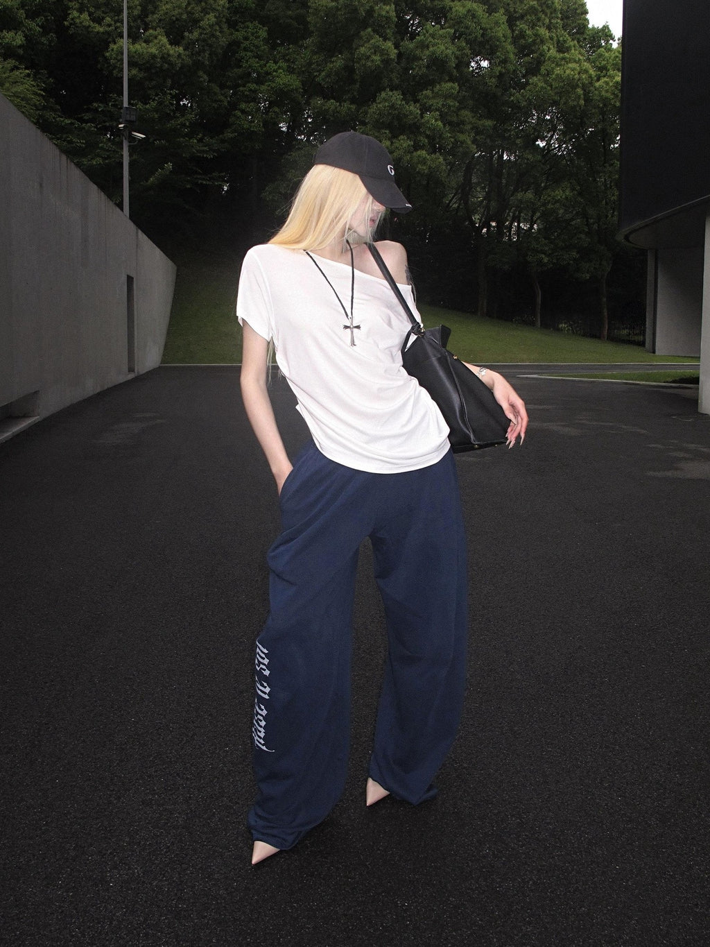 Rase le sol Navy Printed American Loose Straight Women's Wide-leg Pants