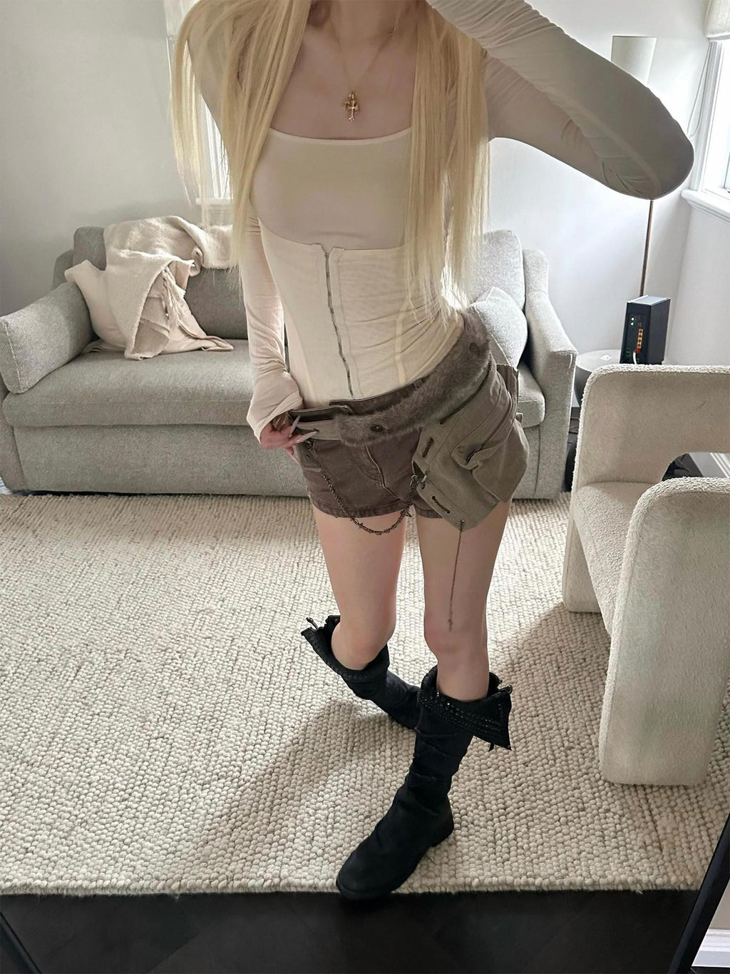 Rase le sol Nude Mesh Waist Cinch Bodycon Women's Formfitting Sheer Long Sleeve T-shirts
