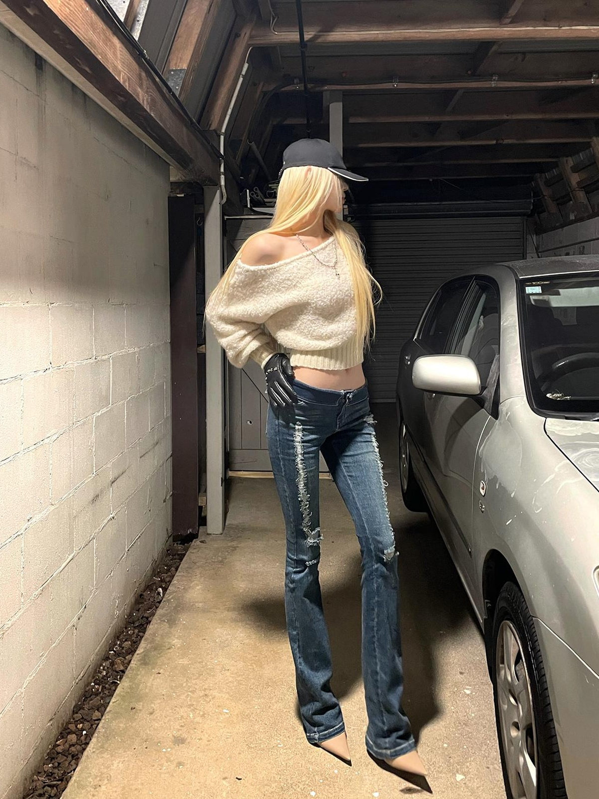 Rase le sol Off Shoulder Cropped Fuzzy Knit Women's Polyester Sweaters
