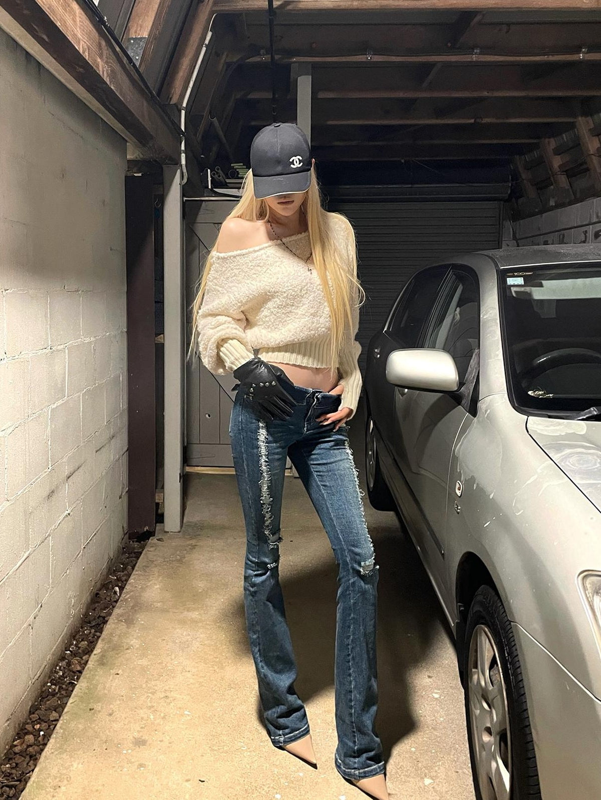 Rase le sol Off Shoulder Cropped Fuzzy Knit Women's Polyester Sweaters