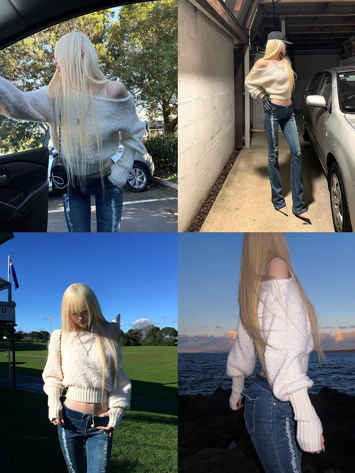 Rase le sol Off Shoulder Cropped Fuzzy Knit Women's Polyester Sweaters