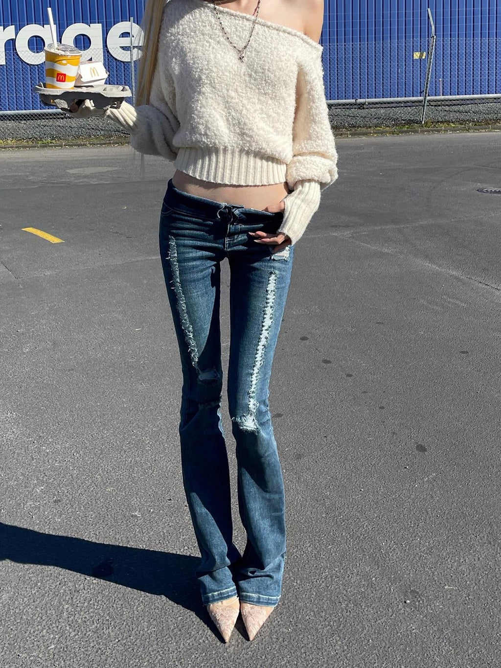 Rase le sol Off Shoulder Cropped Fuzzy Knit Women's Polyester Sweaters
