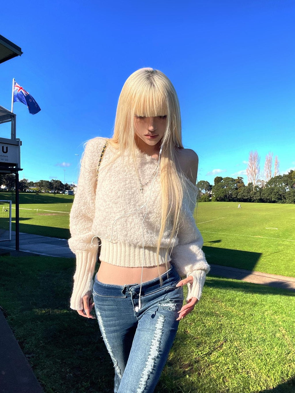 Rase le sol Off Shoulder Cropped Fuzzy Knit Women's Polyester Sweaters