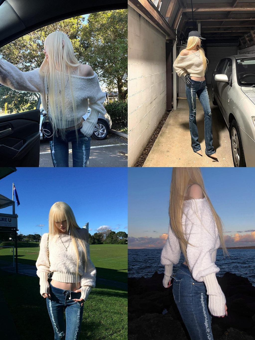 Rase le sol Off Shoulder Cropped Fuzzy Knit Women's Polyester Sweaters