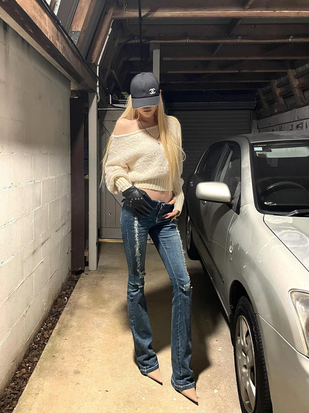 Rase le sol Off Shoulder Cropped Fuzzy Knit Women's Polyester Sweaters