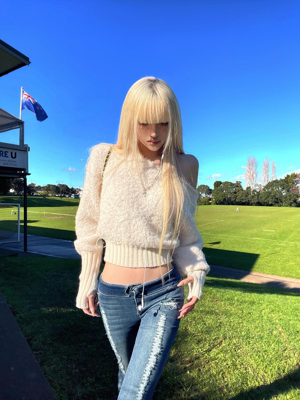 Rase le sol Off Shoulder Cropped Fuzzy Knit Women's Polyester Sweaters