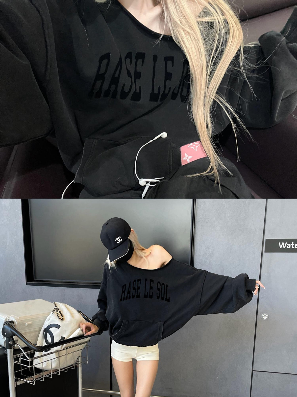 Rase le sol Off Shoulder Printed Washed Black Loose Women's Cotton Sweatshirts