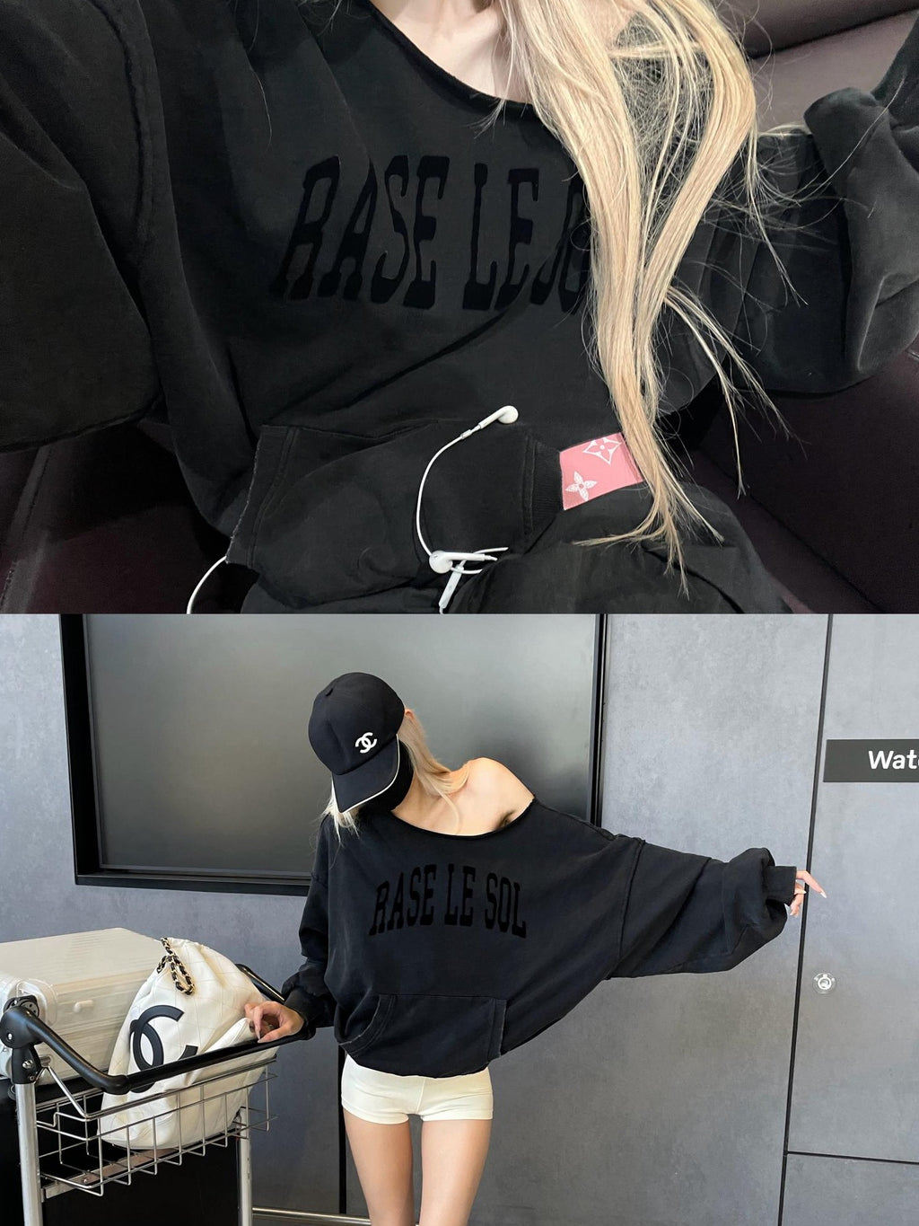 Rase le sol Off Shoulder Printed Washed Black Loose Women's Cotton Sweatshirts