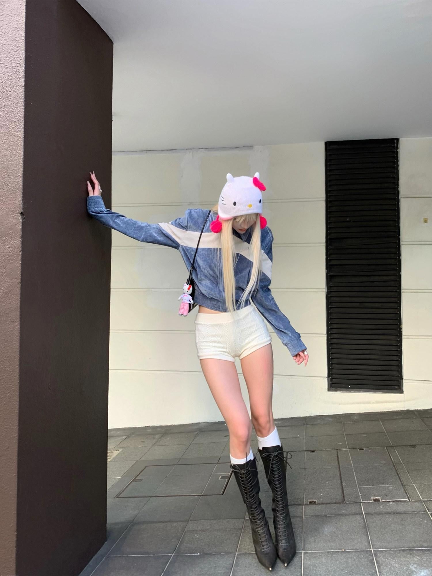 Rase le sol Off White 3d Cable Knit Retro Preppy Women's Knitted Hot Pants