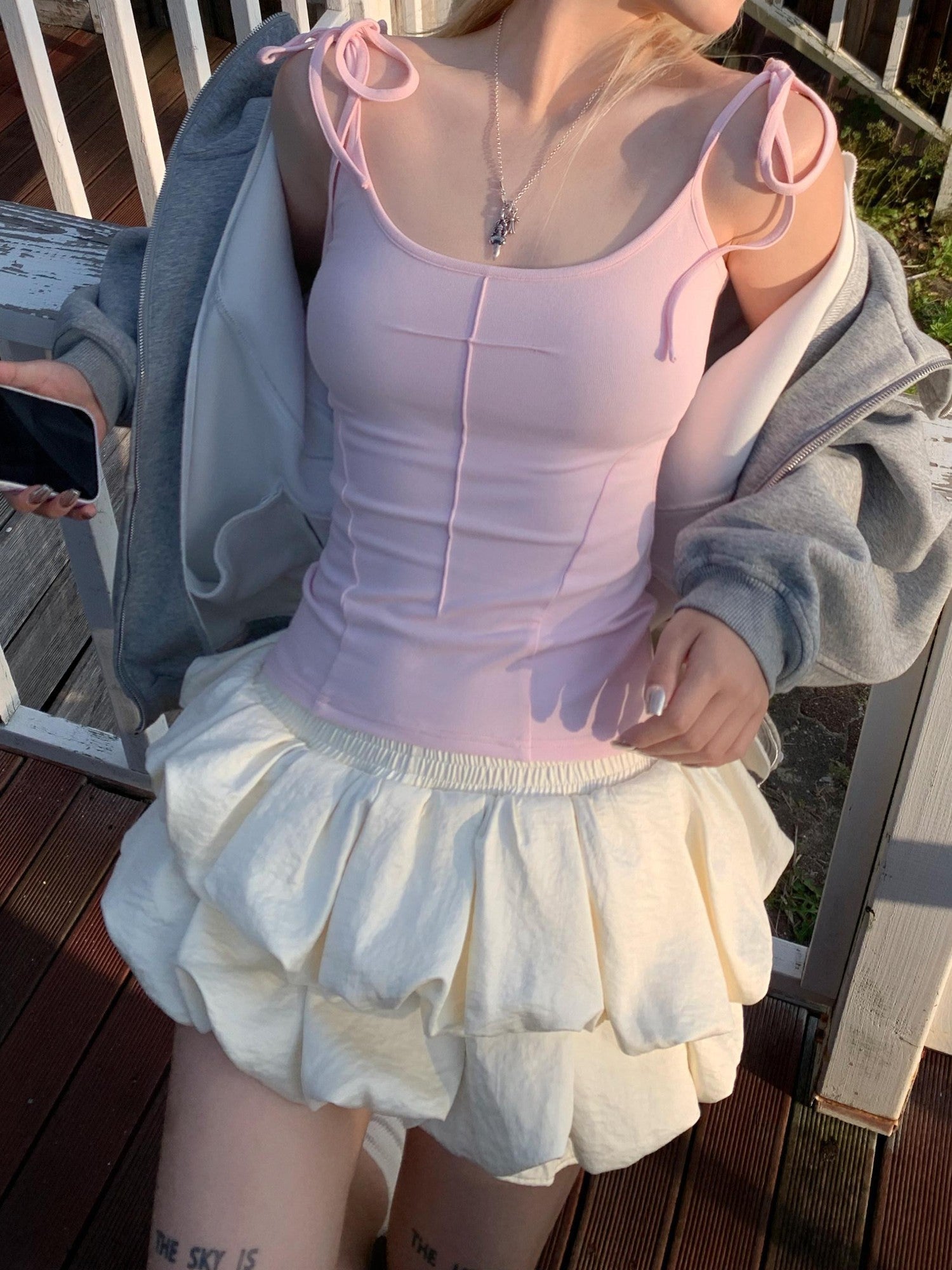 Rase le sol Off White Cream Double Layer Ruffled Bubble Hem Short Women's Tiered Skirts