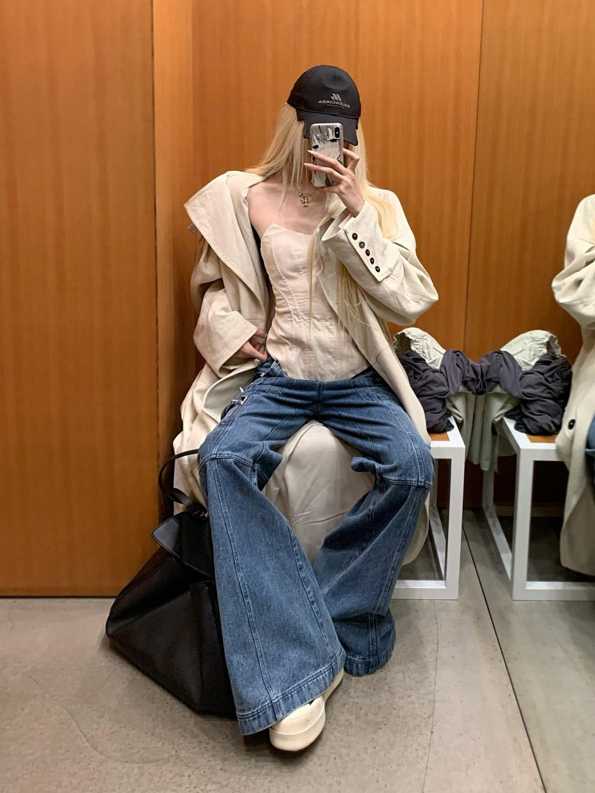 Rase le sol Off White Double Breasted Longline Tall Women's Trench Coats