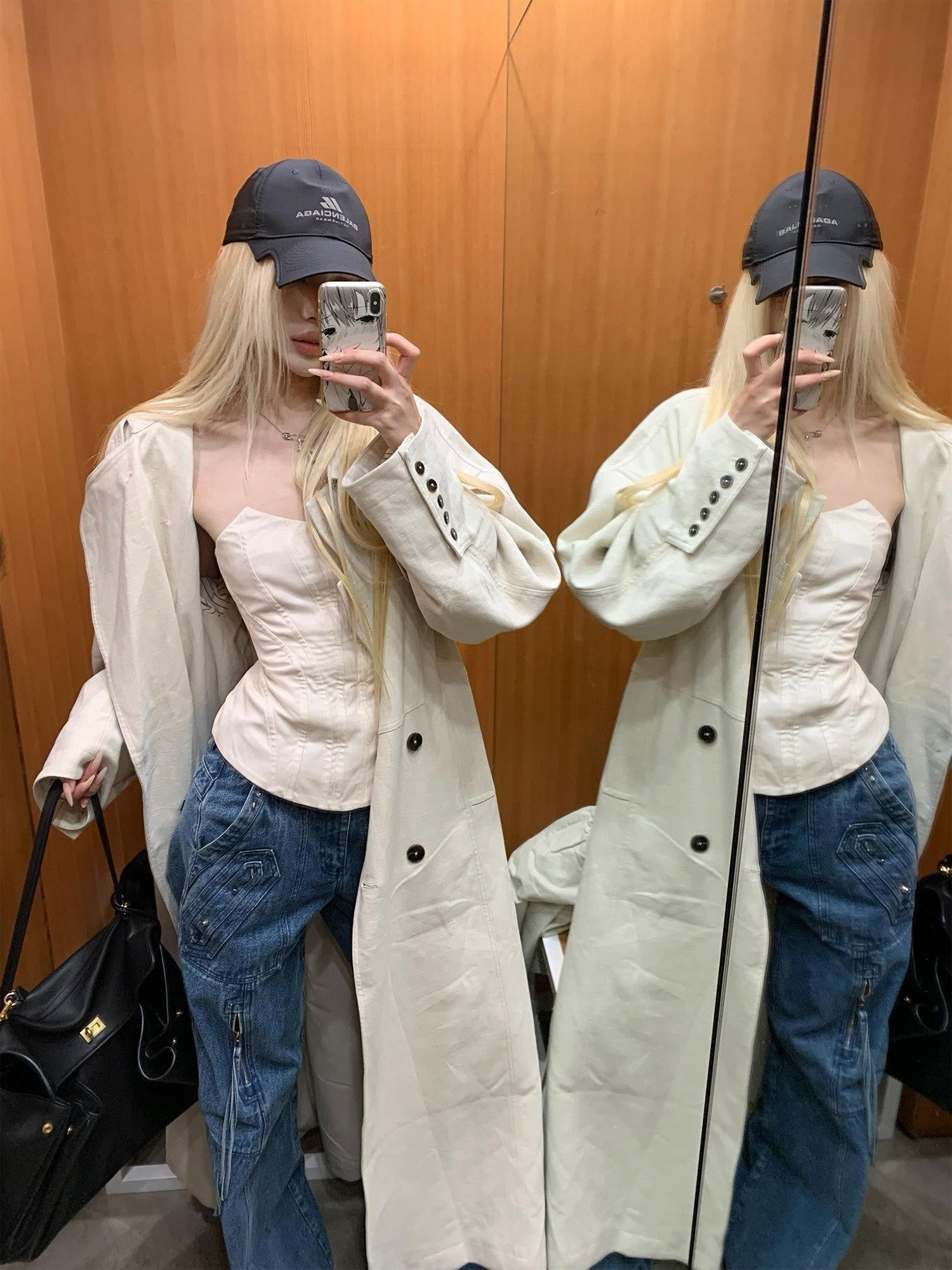 Rase le sol Off White Double Breasted Longline Tall Women's Trench Coats