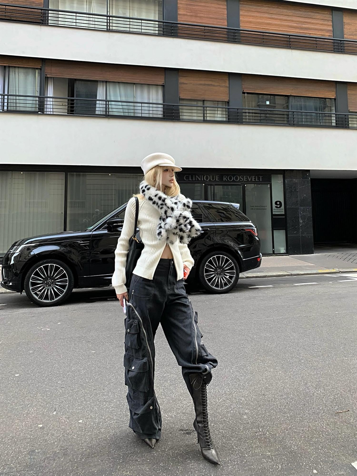 Rase le sol Off White Double Zipper High Neck Women's Knitted Sweater Cardigans