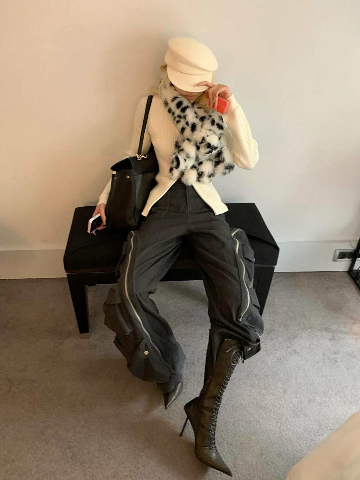 Rase le sol Off White Double Zipper High Neck Women's Knitted Sweater Cardigans