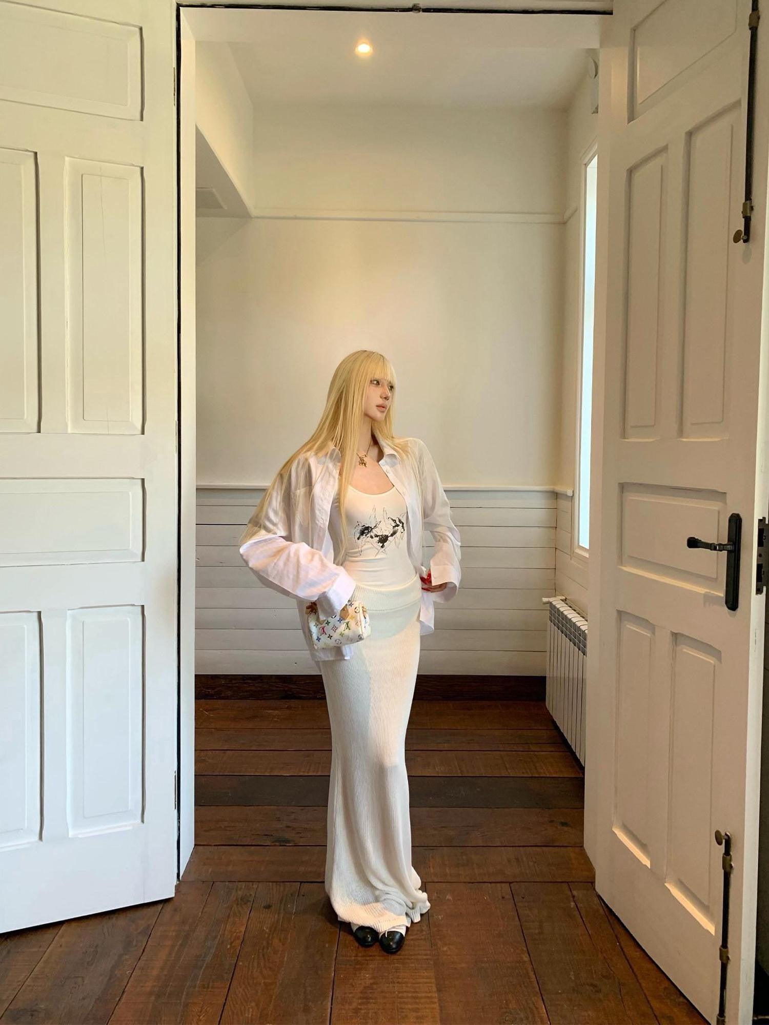 Rase le sol Off White Draped Floor Sweeping Design Women's Knitted Maxi Skirts