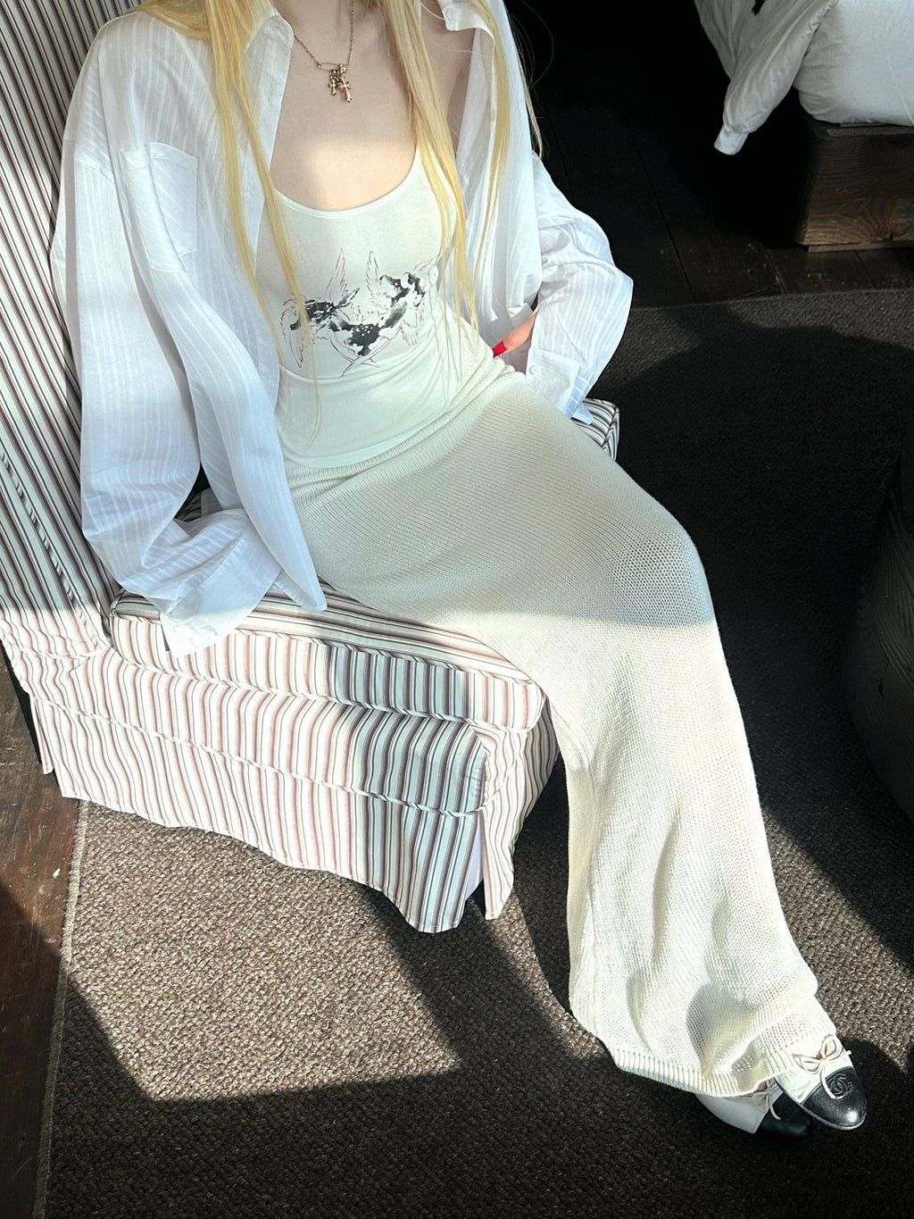 Rase le sol Off White Draped Floor Sweeping Design Women's Knitted Maxi Skirts