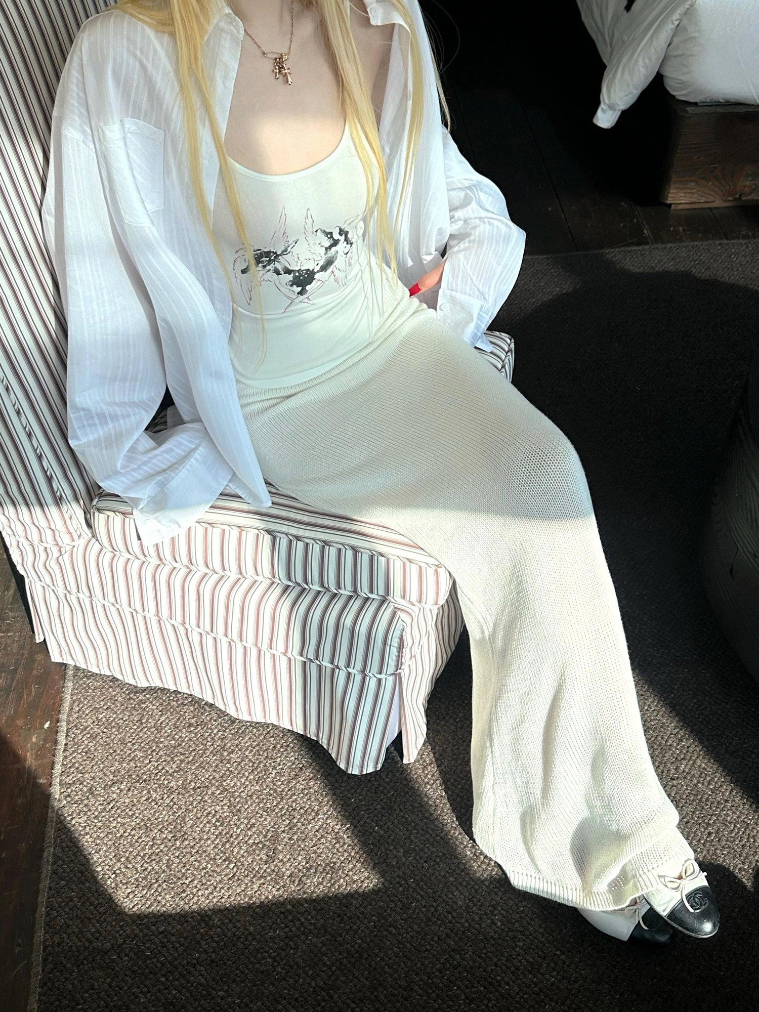 Rase le sol Off White Draped Floor Sweeping Design Women's Knitted Maxi Skirts