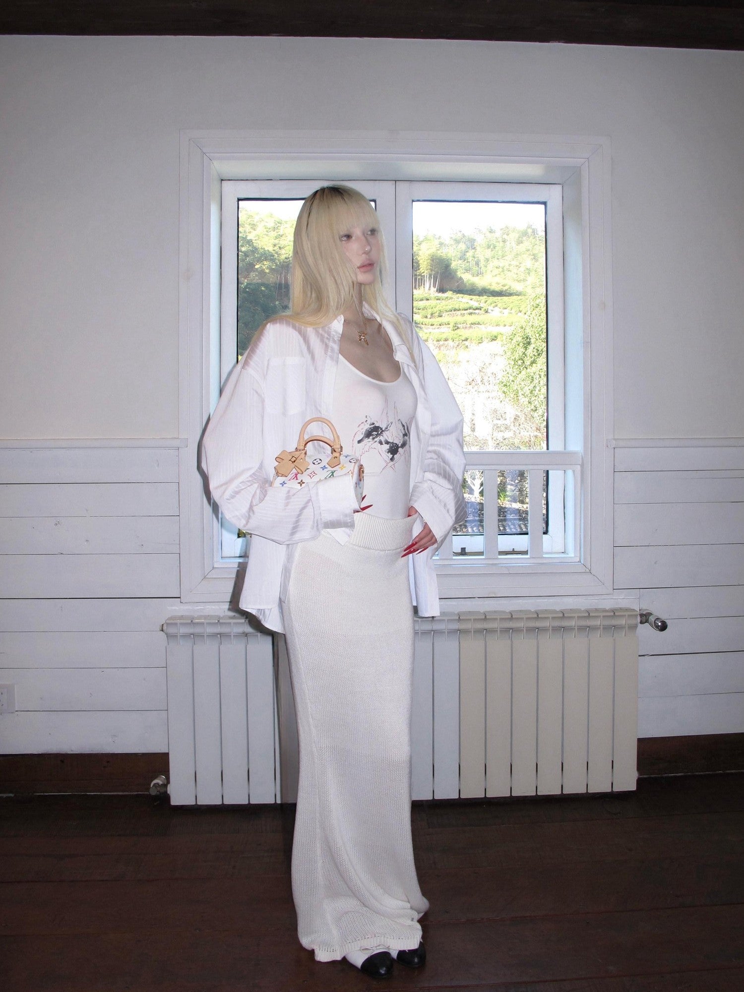 Rase le sol Off White Draped Floor Sweeping Design Women's Knitted Maxi Skirts