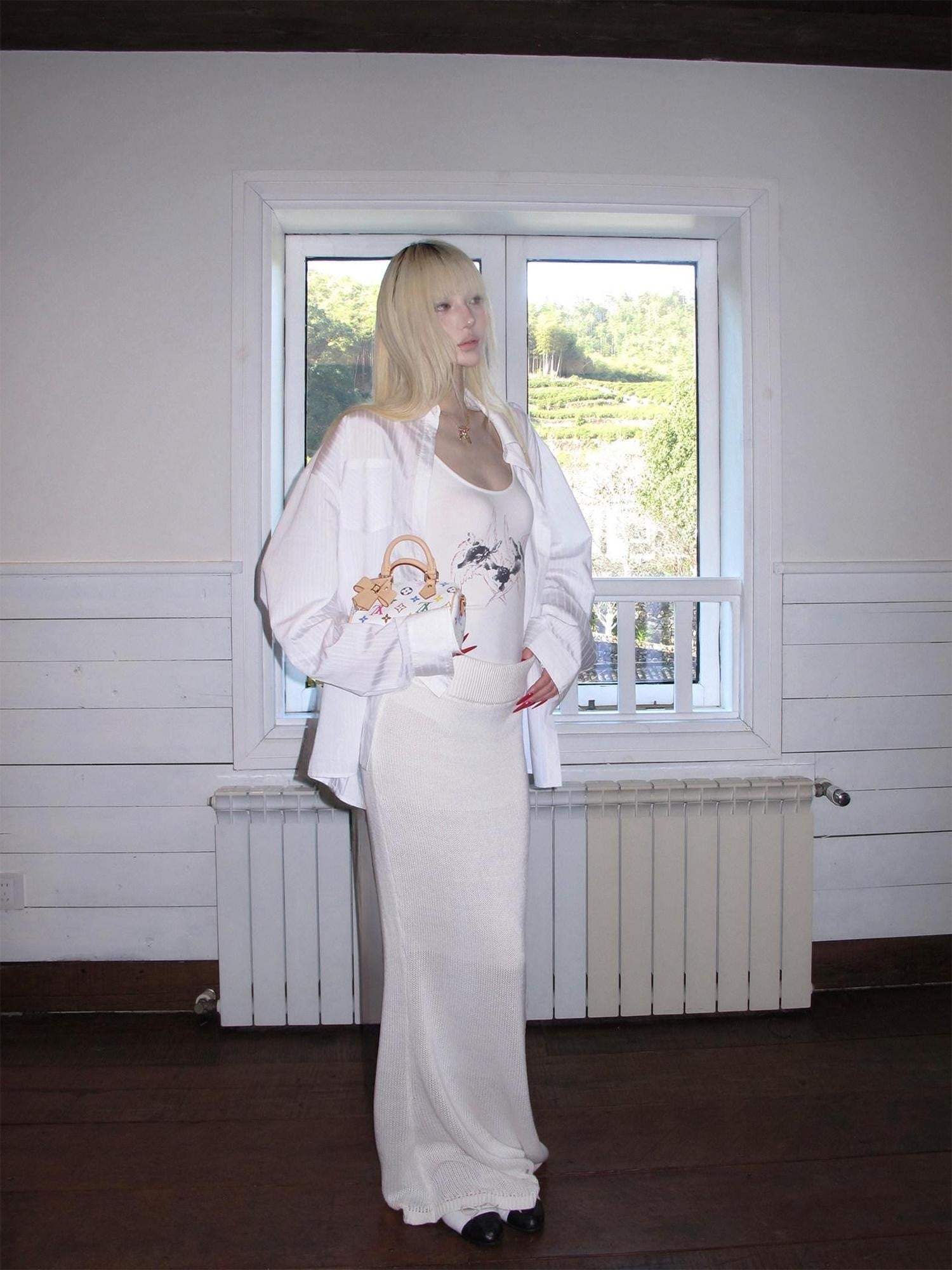 Rase le sol Off White Draped Floor Sweeping Design Women's Knitted Maxi Skirts