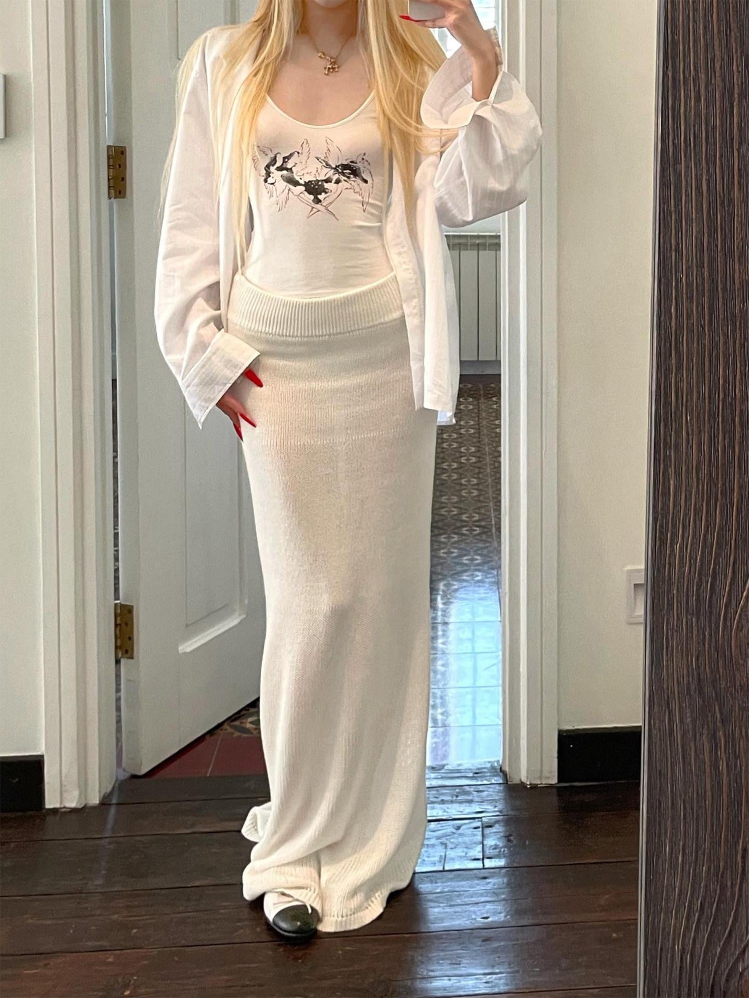 Rase le sol Off White Draped Floor Sweeping Design Women's Knitted Maxi Skirts