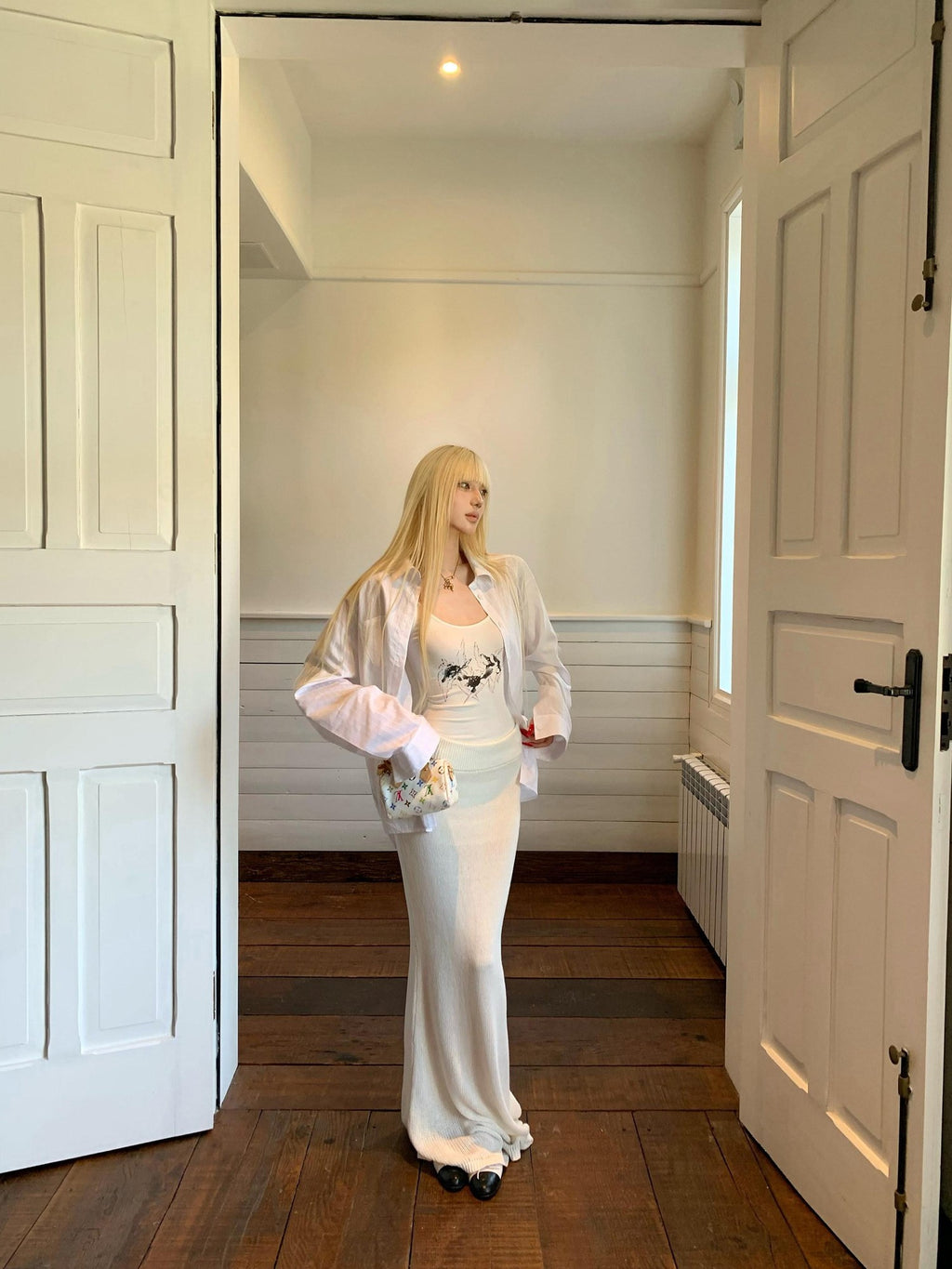 Rase le sol Off White Draped Floor Sweeping Design Women's Knitted Maxi Skirts