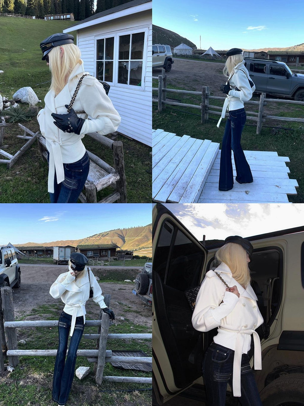 Rase le sol Off White Ribbed Cuff Hem Short Double Breasted Women's Wool Coats