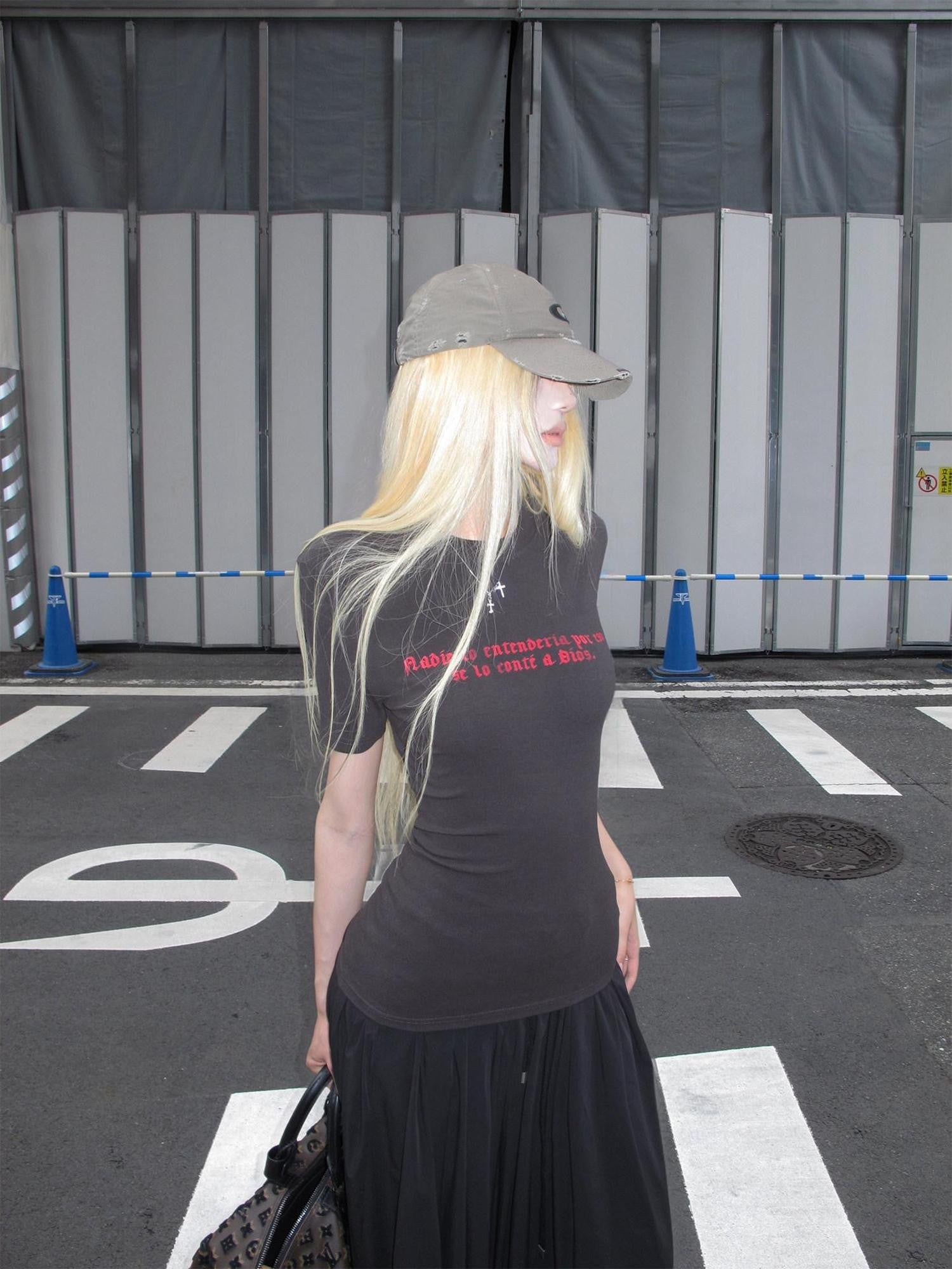 Rase le sol Open Back Letter Print Slim Waist Regular Shoulder Women's Short Sleeve T-shirts
