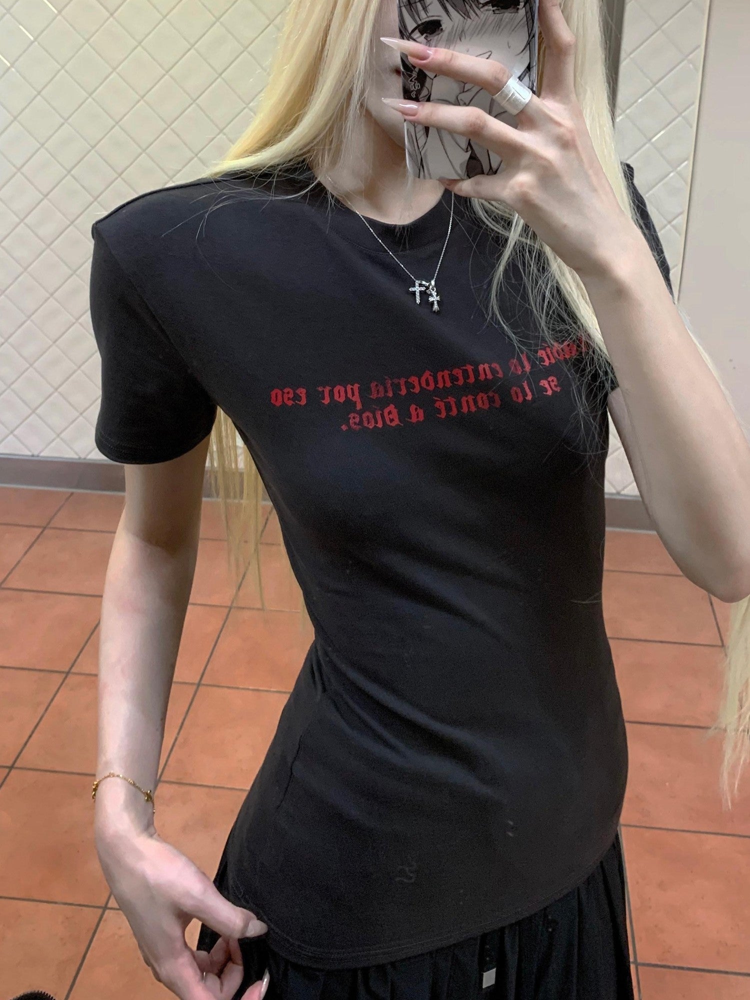 Rase le sol Open Back Letter Print Slim Waist Regular Shoulder Women's Short Sleeve T-shirts