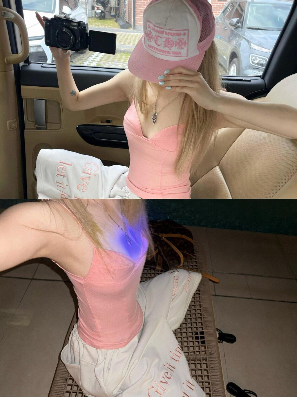 Rase le sol Peach Pink V-neck Spaghetti Strap Cinched Waist Women's Camisoles