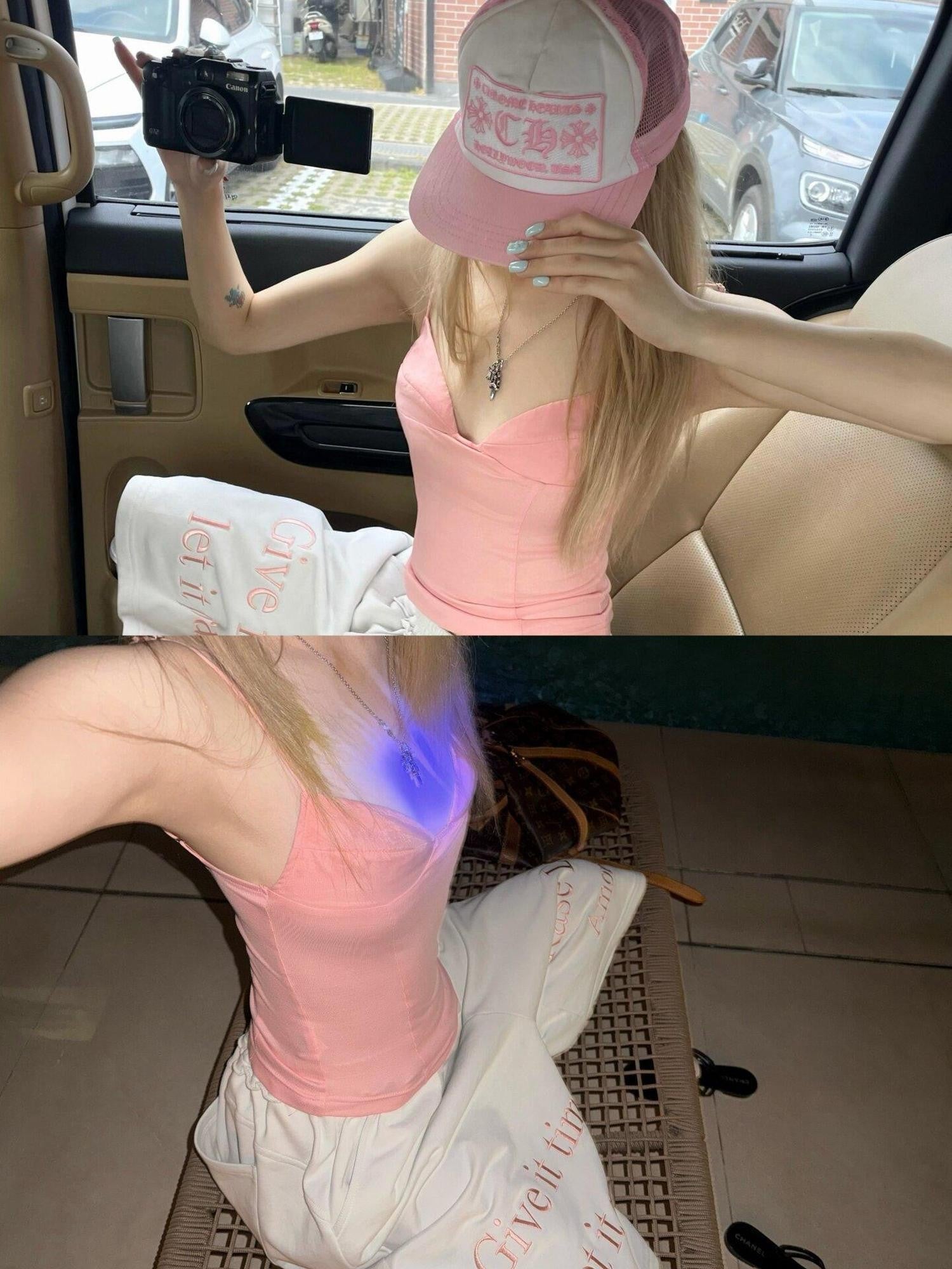 Rase le sol Peach Pink V-neck Spaghetti Strap Cinched Waist Women's Camisoles