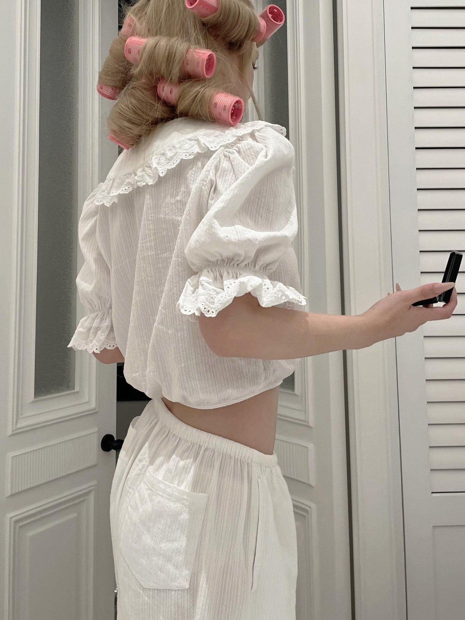 Rase le sol Peter Pan Collar Lace Trim Cropped Women's Lace Casual Top & Pants Sets