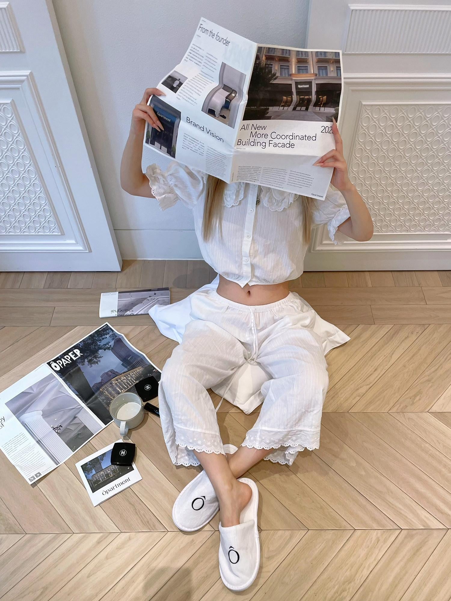 Rase le sol Peter Pan Collar Lace Trim Cropped Women's Lace Casual Top & Pants Sets