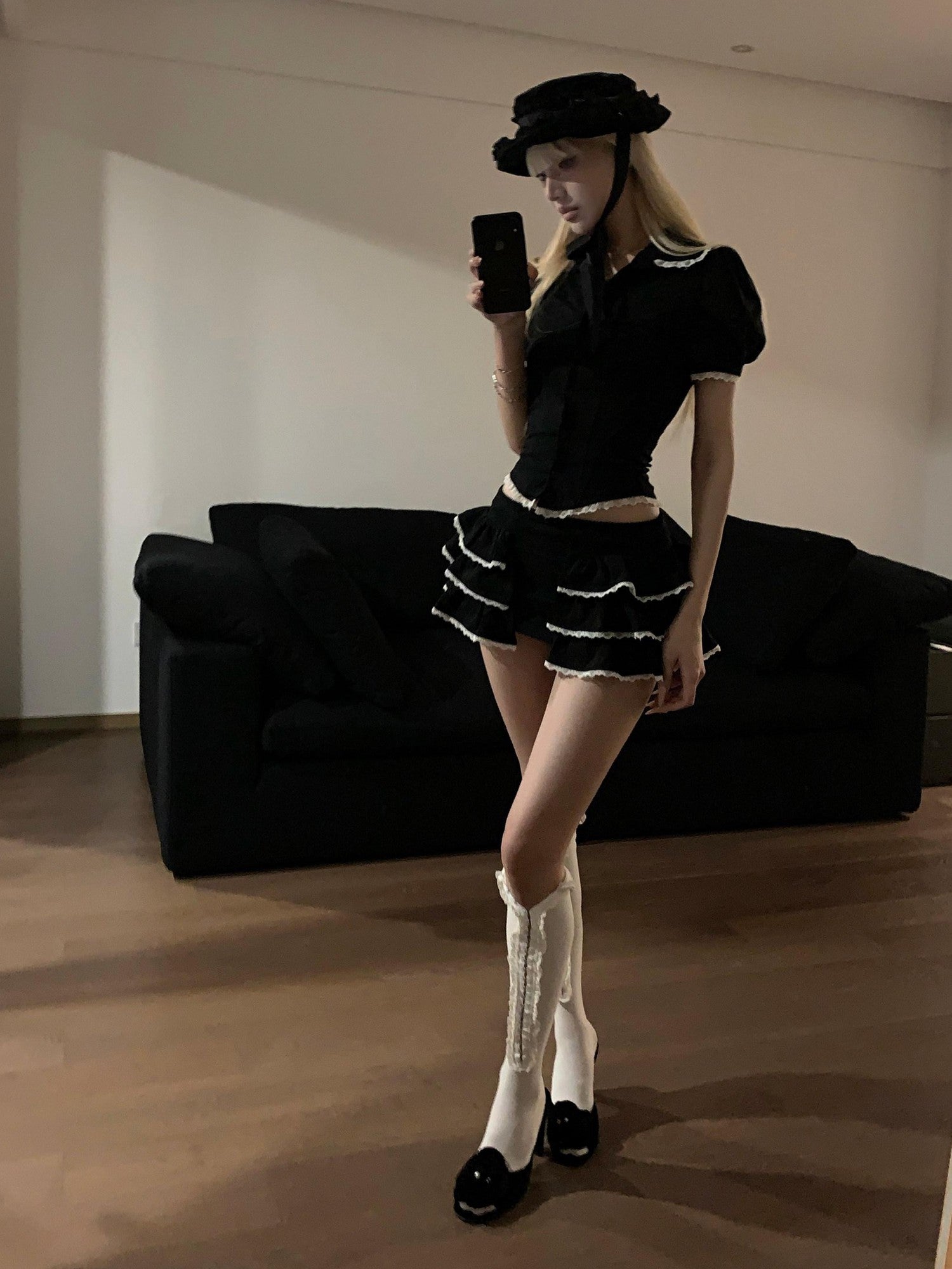 Rase le sol Peter Pan Collar Puff Sleeve Women's Tiered Ruffle Skirt Matching Skirt Sets